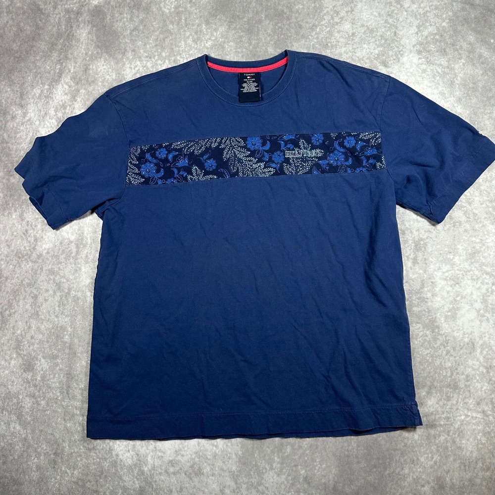 Tommy Hilfiger Mens XL Navy Blue Floral Chest Stripe Crewneck T-Shirt Cotton Y2K - Picture 1 of 5